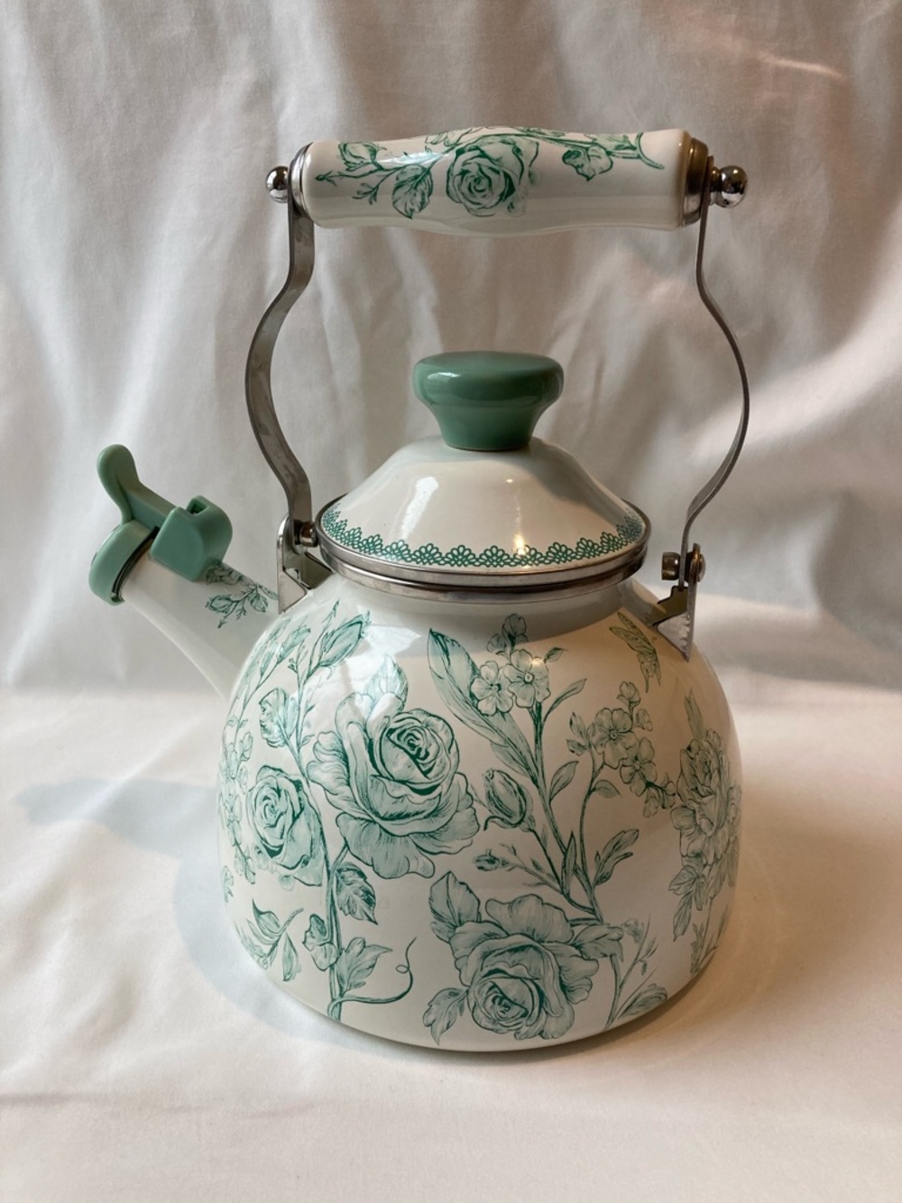 Pioneer Woman Agatha Enamel on Steel 2Qt Whistling Tea Kettle Floral Green White - Picture 2 of 9